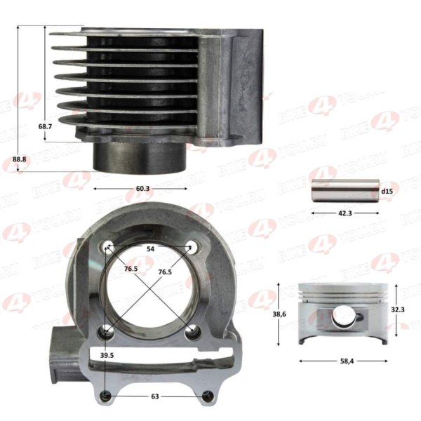 ЦПГ (поршневая) d=58,5mm 157QMJ (76,3/76,1/68,8/15) ТЮНИНГ из 150сс в 160сс 